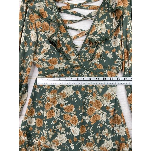 Saints + Secrets Dress M Green Floral Deep V Mini Long Slv Open Lace Up Ruffle - Picture 6 of 11